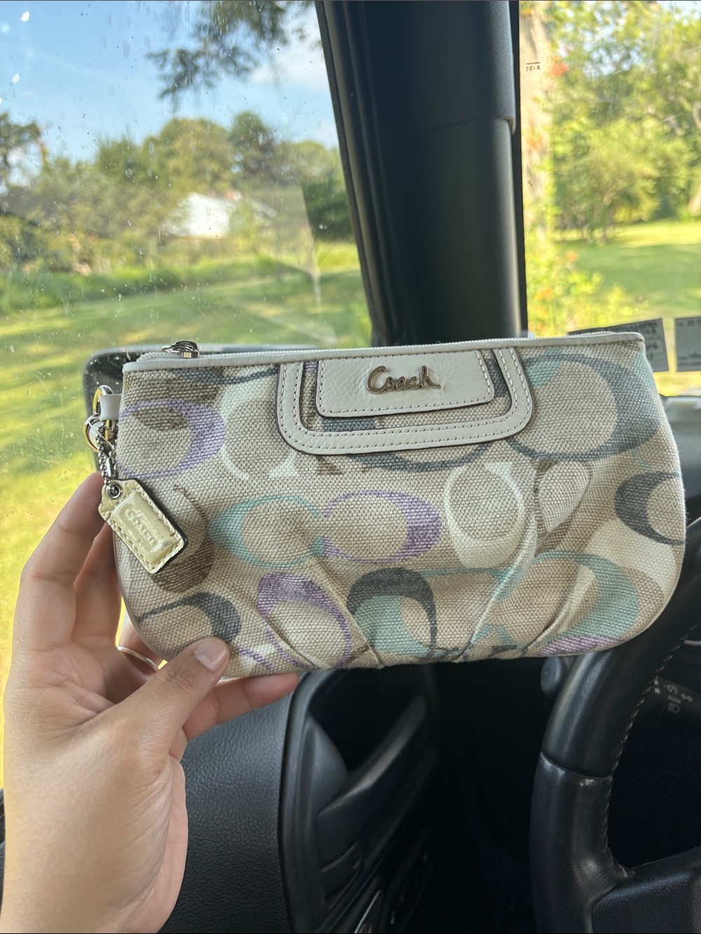 Coach Signature Canvas Wristlet with Pastel Purple and Teal Accents